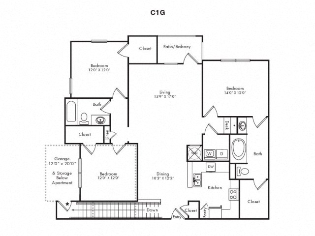 Floor plan for 3 beds, 2 baths, 1573 sqft
